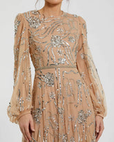 Beige Embellished High Neck Puff Sleeve Gown